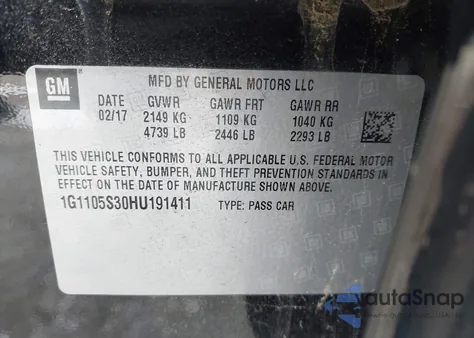 2017 Chevrolet Impala 1Lt z USA, uszkodzony, nr VIN 1G1105S30HU191411